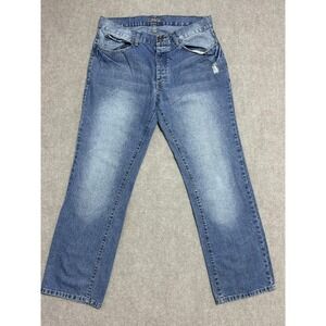 Carbon Jeans Mens 33x30 Blue Denim Straight Leg Distressed Button Fly Casual